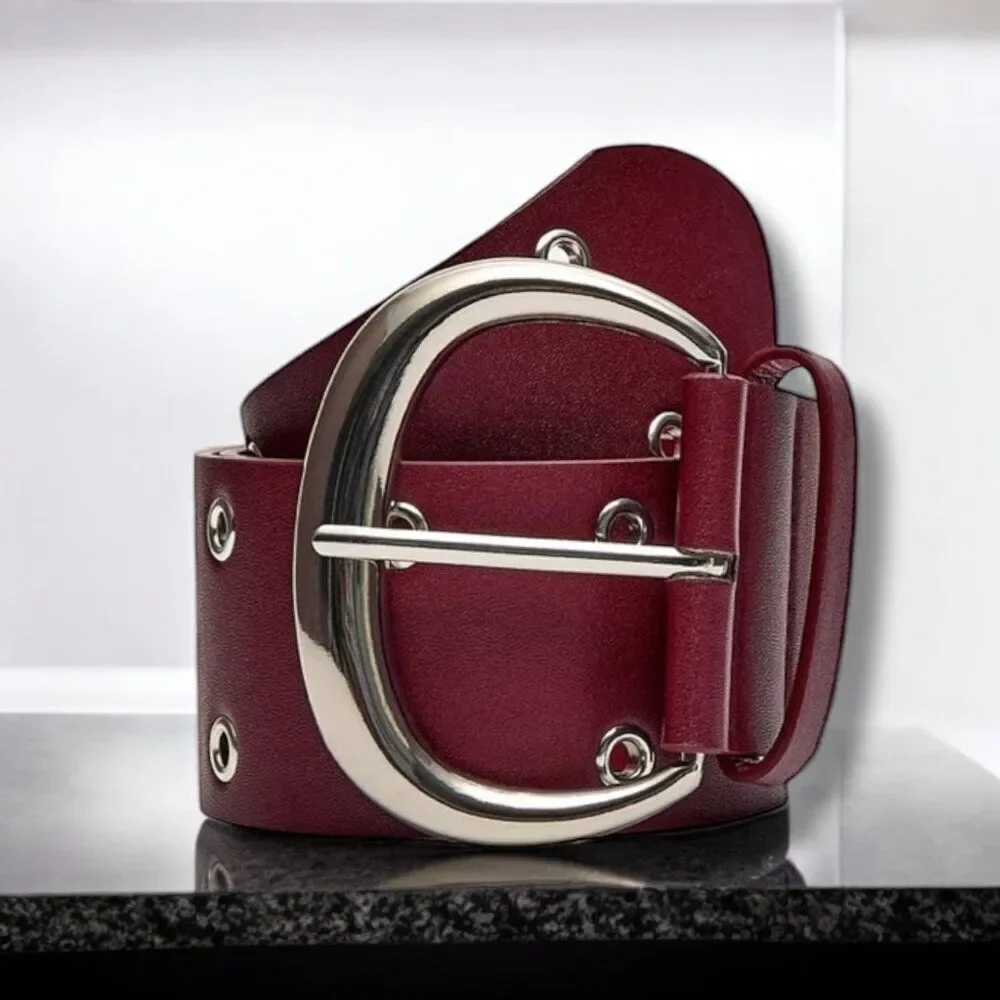Oversized Silver Buckle Grommet Burgundy Wide Belt NWT Goth  Streetwear